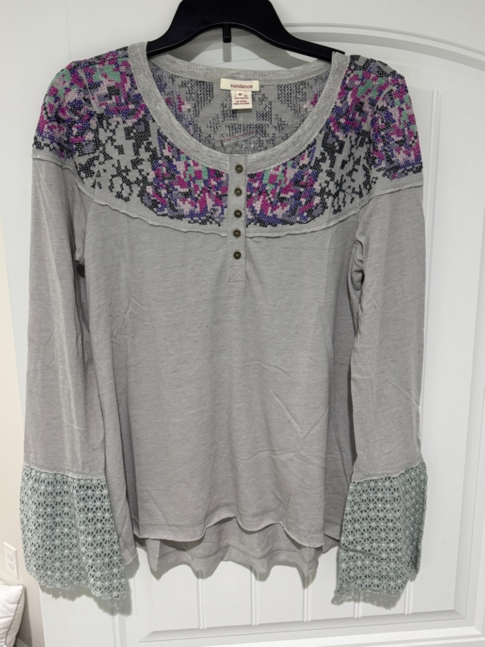 NWOT Sundance Gray Long-Sleeve Tee with Pink & Purple Floral Yoke